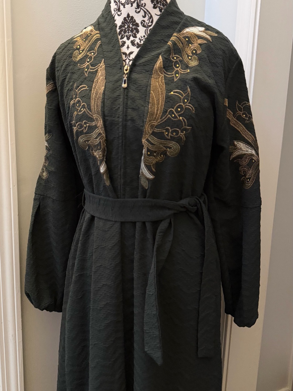 Embroidered Dark Green Belted modest dress abaya